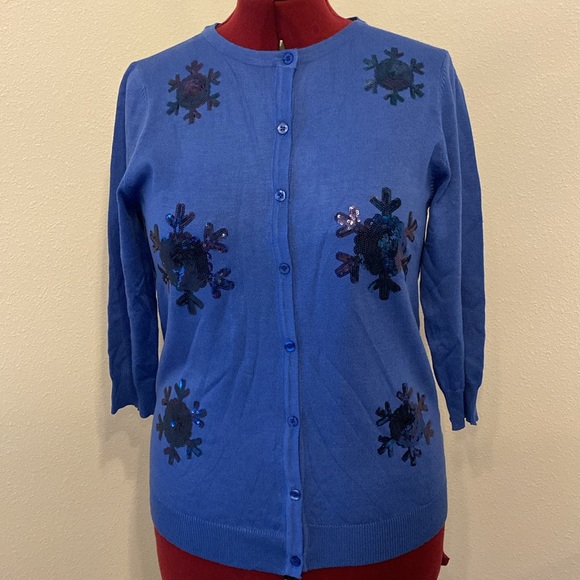 NWOT Sequin Snowflake Cascade Blue Cardigan |Size Medium - Picture 3 of 7